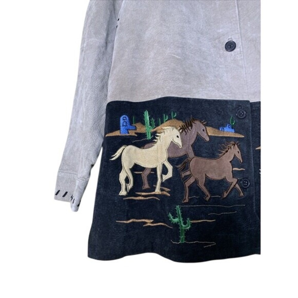 Quacker Factory Horse Suede Leather Jacket Womens L Gray Western Embroidered - Picture 2 of 8